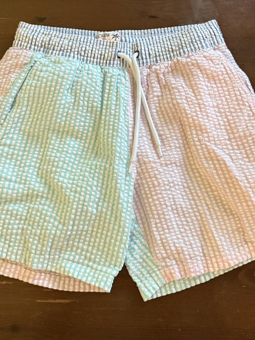 J. Crew Pastel Mint & Pink Seersucker Swim Trunks